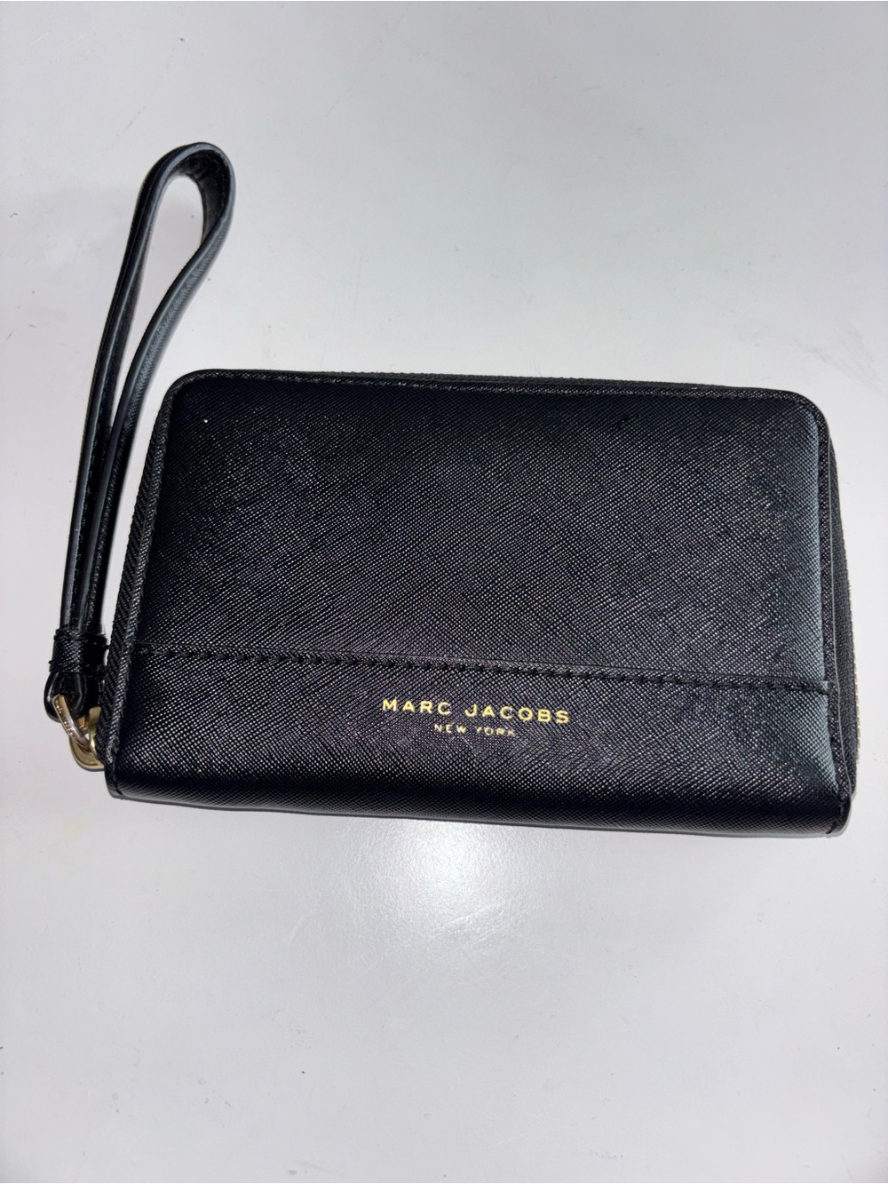 Marc Jacobs Black Saffiano Wristlet Clutch with Gold Logo